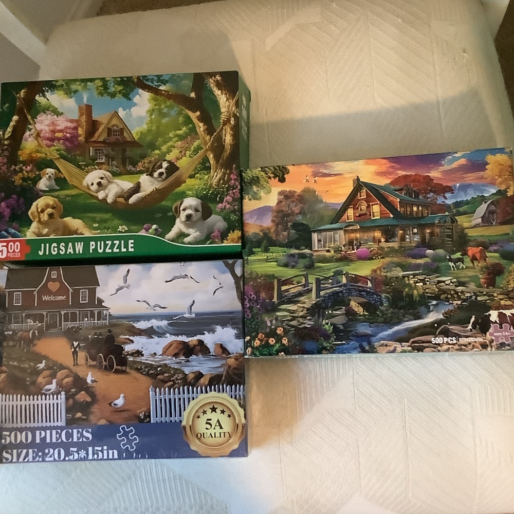 Puzzles: three puzzles with letters on back and 500 pieces each